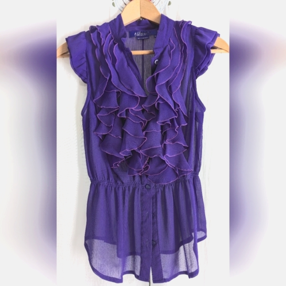 💜 Rich Purple Violet Ruffled Sleeveless Blouse S - M Rounded Hem, Collar, Airy